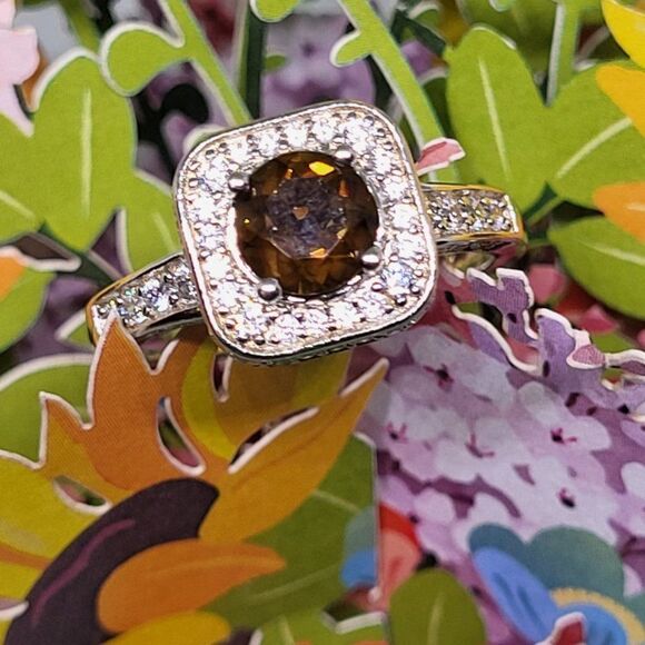 Elite New .925 Sterling Silver 0.56ctw Smoky Topaz & Sapphire Ring Size 6 - Picture 2 of 7